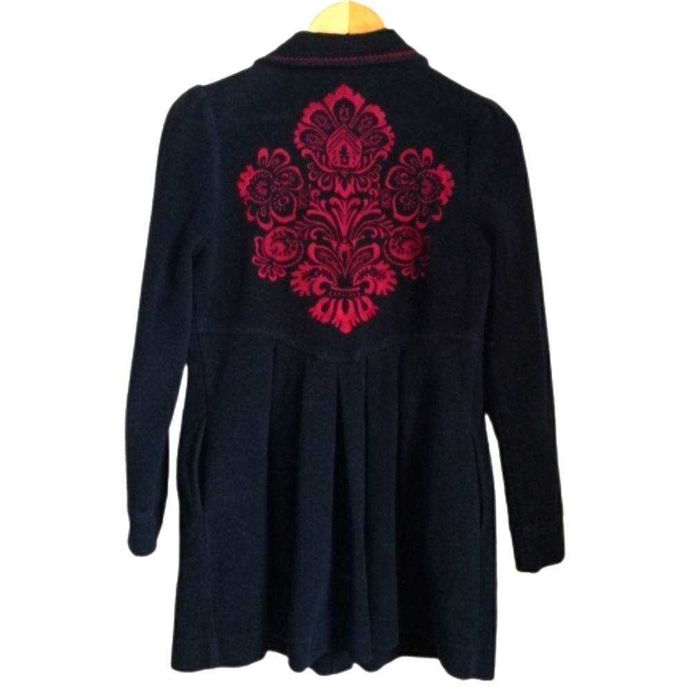 𝅺GREEN DRAGON Black & Red Embroidered Bohemian Pleated Fleece Flare Coat Medium